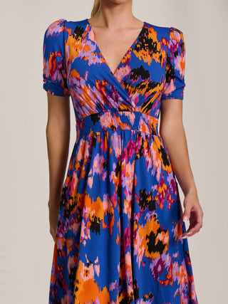 Short Sleeve Printed Jersey Midi Dress, Blue Abstract