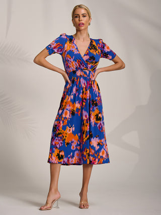 Short Sleeve Printed Jersey Midi Dress, Blue Abstract