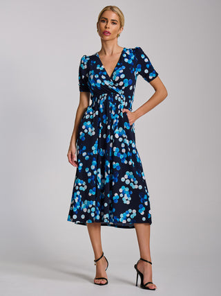Short Sleeve Printed Jersey Midi Dress, Blue Spot