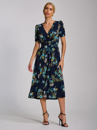 Short Sleeve Printed Jersey Midi Dress, Navy Floral