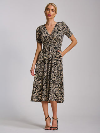 Short Sleeve Printed Jersey Midi Dress, Neutral Animal