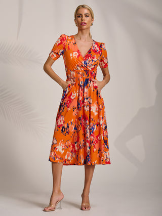 Short Sleeve Printed Jersey Midi Dress, Orange Abstract