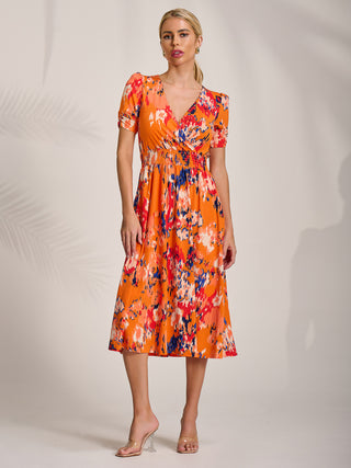 Short Sleeve Printed Jersey Midi Dress, Orange Abstract