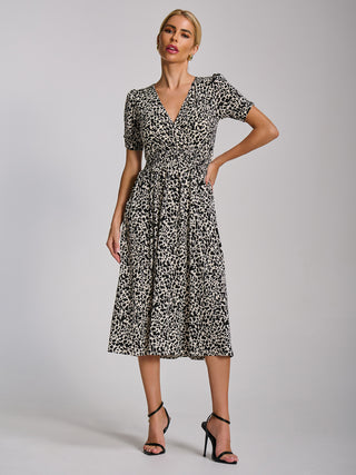 Short Sleeve Printed Jersey Midi Dress, White Animal