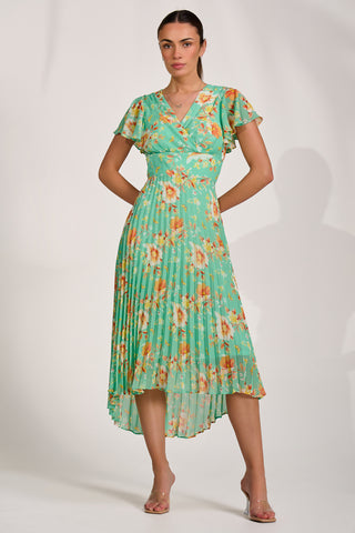 Cap Sleeve Pleated Chiffon Maxi Dress, Green Floral