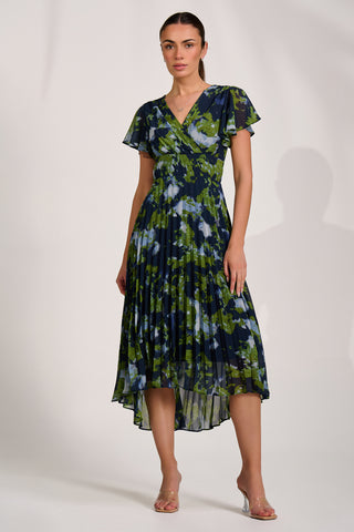 Cap Sleeve Pleated Chiffon Maxi Dress, Navy Abstract Jolie Moi Wholesale Cap Sleeve Pleated Chiffon Maxi Dress, Navy Abstract Jolie Moi Wholesale