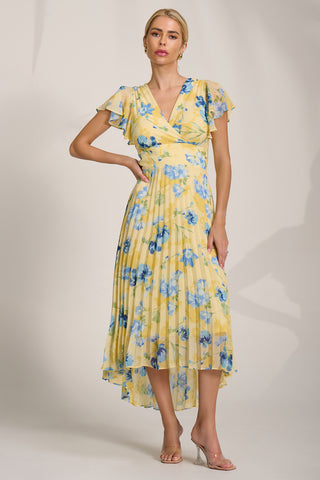 Cap Sleeve Pleated Chiffon Maxi Dress, Yellow Floral