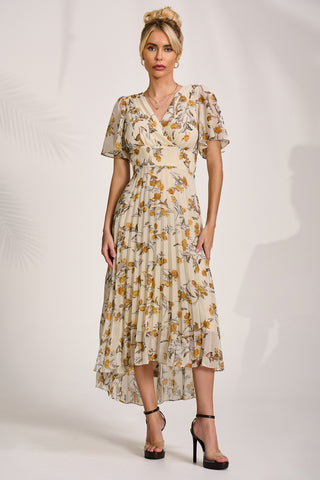 Printed Chiffon Pleated Maxi Dress, Amber Floral
