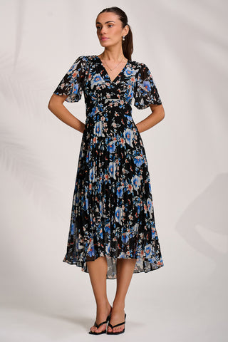 Printed Chiffon Pleated Maxi Dress, Black Floral
