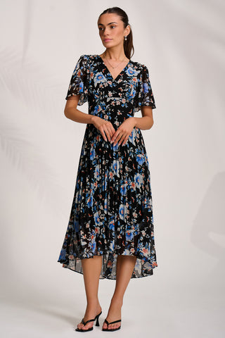 Printed Chiffon Pleated Maxi Dress, Black Floral