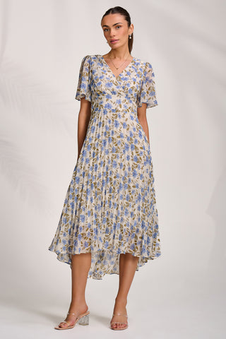 Printed Chiffon Pleated Maxi Dress, Blue Floral