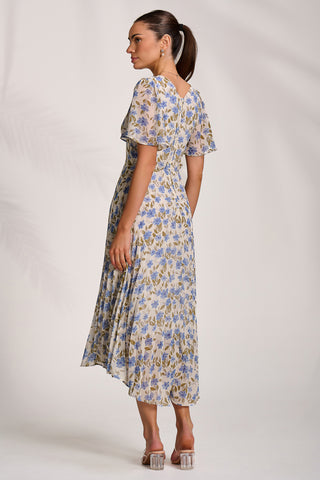 Printed Chiffon Pleated Maxi Dress, Blue Floral