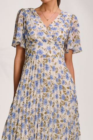 Printed Chiffon Pleated Maxi Dress, Blue Floral
