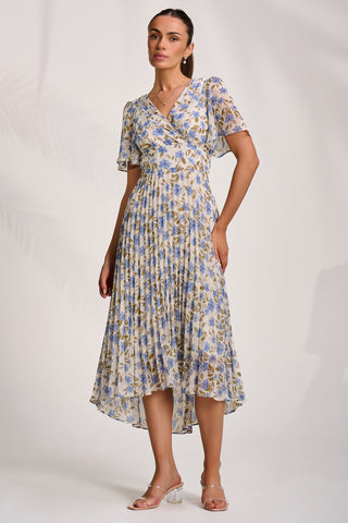 Printed Chiffon Pleated Maxi Dress, Blue Floral