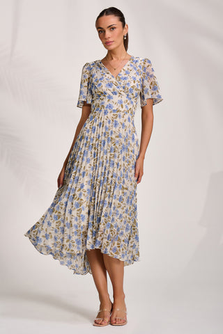 Printed Chiffon Pleated Maxi Dress, Blue Floral