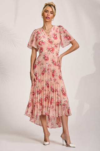 Printed Chiffon Pleated Maxi Dress, Coral Floral