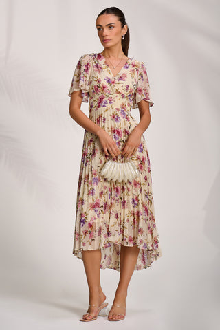 Printed Chiffon Pleated Maxi Dress, Cream Floral