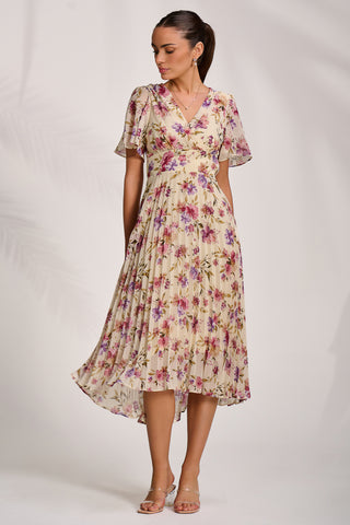 Printed Chiffon Pleated Maxi Dress, Cream Floral