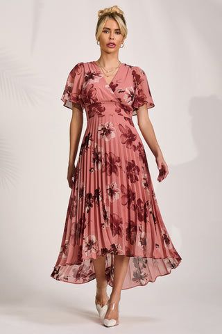 Printed Chiffon Pleated Maxi Dress, Mauve Floral