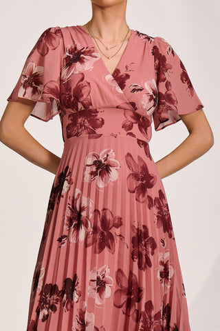 Printed Chiffon Pleated Maxi Dress, Mauve Floral