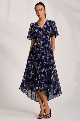 Printed Chiffon Pleated Maxi Dress, Navy Floral