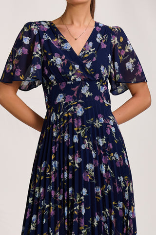 Printed Chiffon Pleated Maxi Dress, Navy Floral