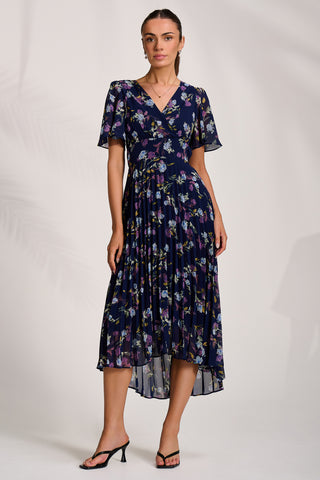 Printed Chiffon Pleated Maxi Dress, Navy Floral