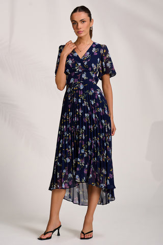 Printed Chiffon Pleated Maxi Dress, Navy Floral