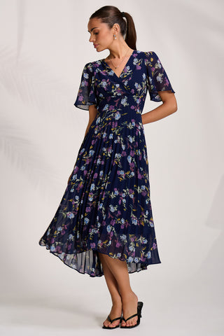 Printed Chiffon Pleated Maxi Dress, Navy Floral