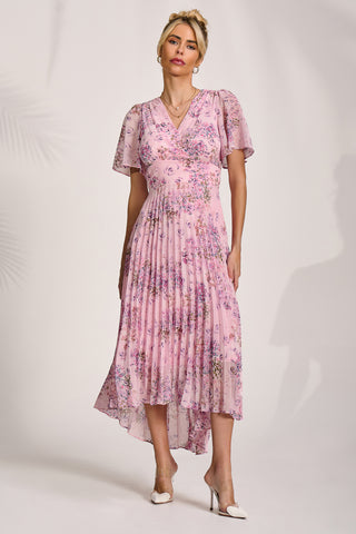 Printed Chiffon Pleated Maxi Dress, Pink Floral