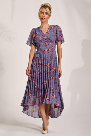 Printed Chiffon Pleated Maxi Dress, Purple Floral