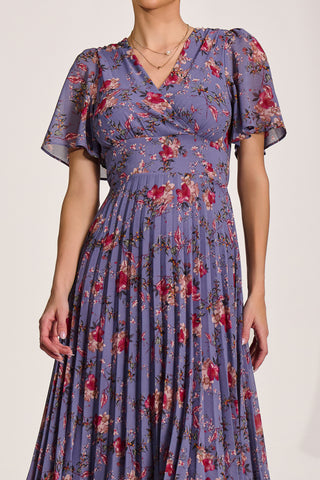 Printed Chiffon Pleated Maxi Dress, Purple Floral