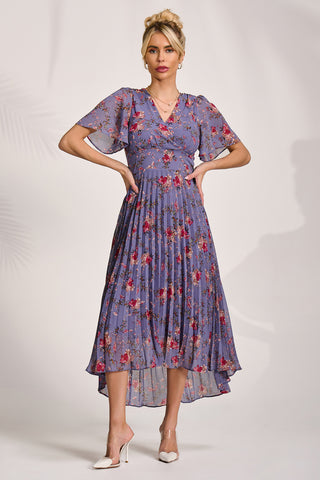 Printed Chiffon Pleated Maxi Dress, Purple Floral