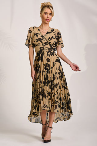 Printed Chiffon Pleated Maxi Dress, Stone/Black