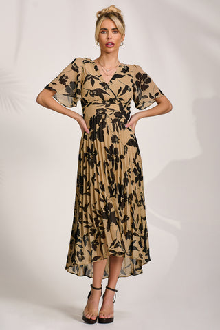 Printed Chiffon Pleated Maxi Dress, Stone/Black