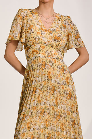 Printed Chiffon Pleated Maxi Dress, Yellow Floral