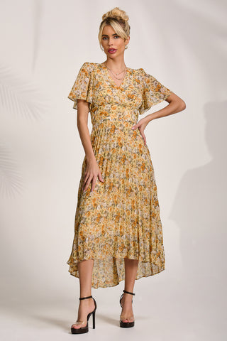 Printed Chiffon Pleated Maxi Dress, Yellow Floral