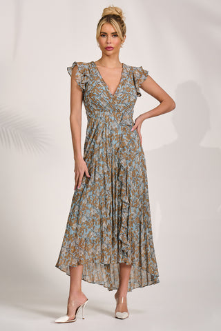 Pleated Chiffon Dip Hem Maxi Dress, Blue Floral