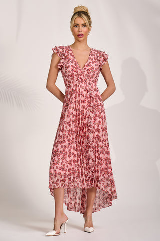 Pleated Chiffon Dip Hem Maxi Dress, Pink Floral