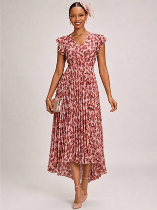 Pleated Chiffon Dip Hem Maxi Dress, Pink Floral