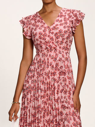 Pleated Chiffon Dip Hem Maxi Dress, Pink Floral