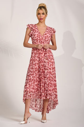 Pleated Chiffon Dip Hem Maxi Dress, Pink Floral
