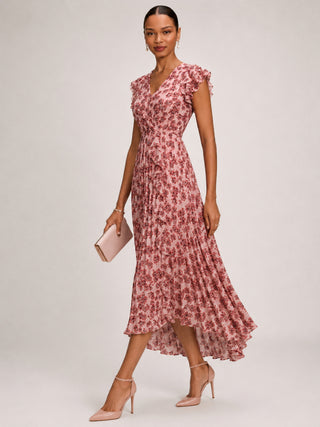 Pleated Chiffon Dip Hem Maxi Dress, Pink Floral
