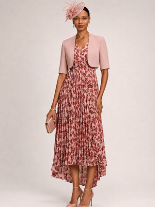 Pleated Chiffon Dip Hem Maxi Dress, Pink Floral
