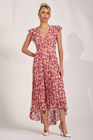 Pleated Chiffon Dip Hem Maxi Dress, Pink Floral