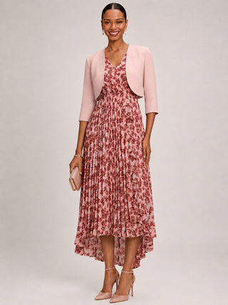 Pleated Chiffon Dip Hem Maxi Dress, Pink Floral