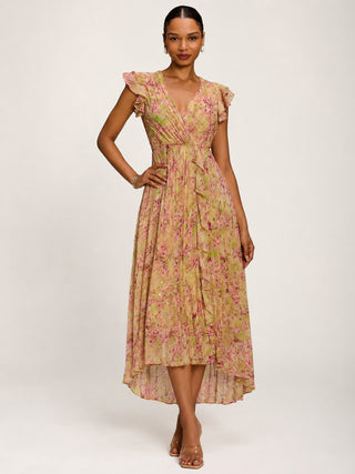 Pleated Chiffon Dip Hem Maxi Dress, Purple Floral