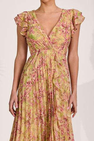 Pleated Chiffon Dip Hem Maxi Dress, Purple Floral