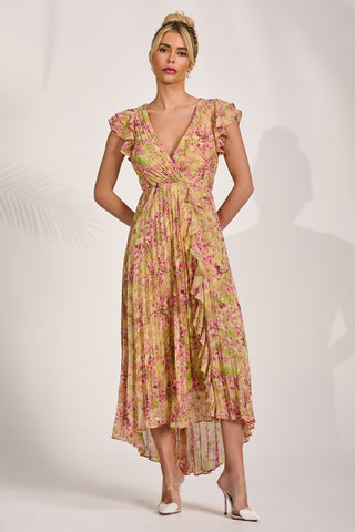 Pleated Chiffon Dip Hem Maxi Dress, Purple Floral
