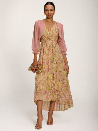 Pleated Chiffon Dip Hem Maxi Dress, Purple Floral